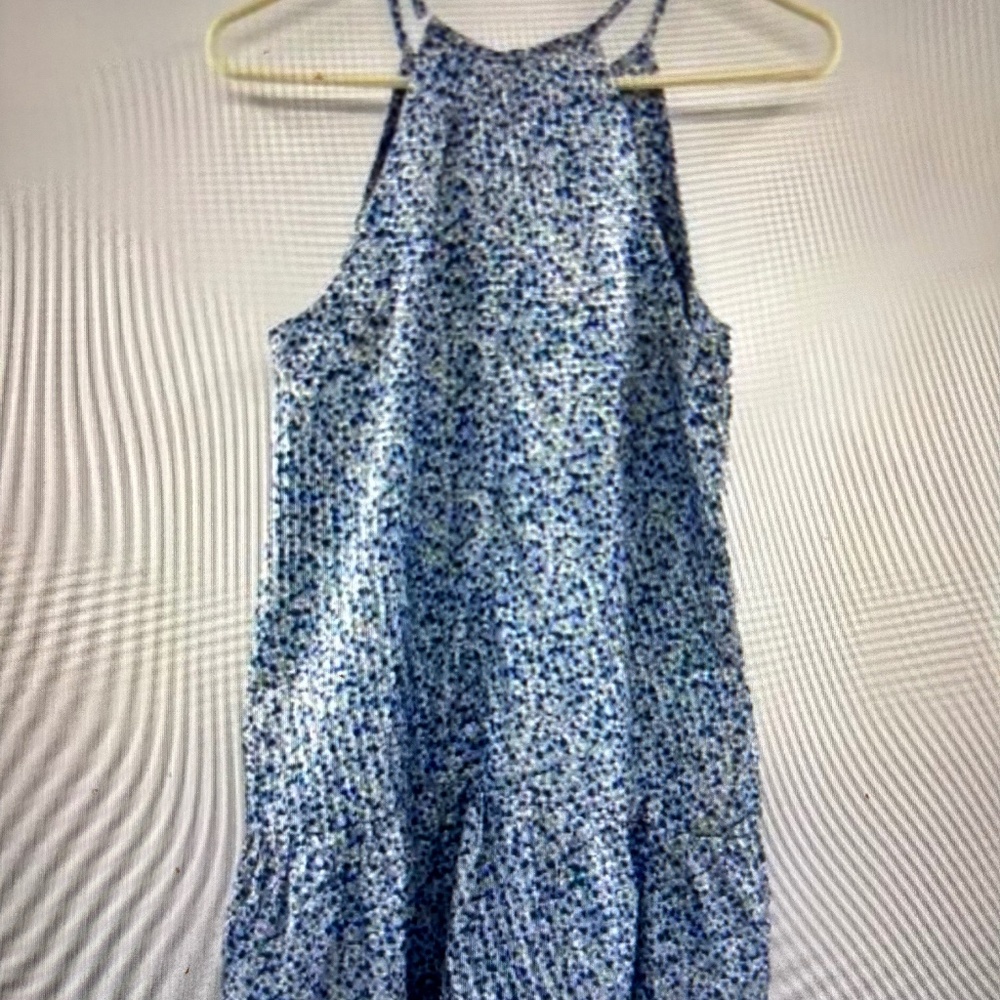 Tuckernuck Women's Cornflower Swing Dress Blue Sleeveless Floral Tiered Mini M